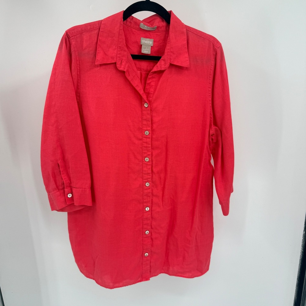 Chicos No-Iron FreshChic 100%‎ Linen L Button Down Shirt Pink 3/4 Sleeve 2 12
